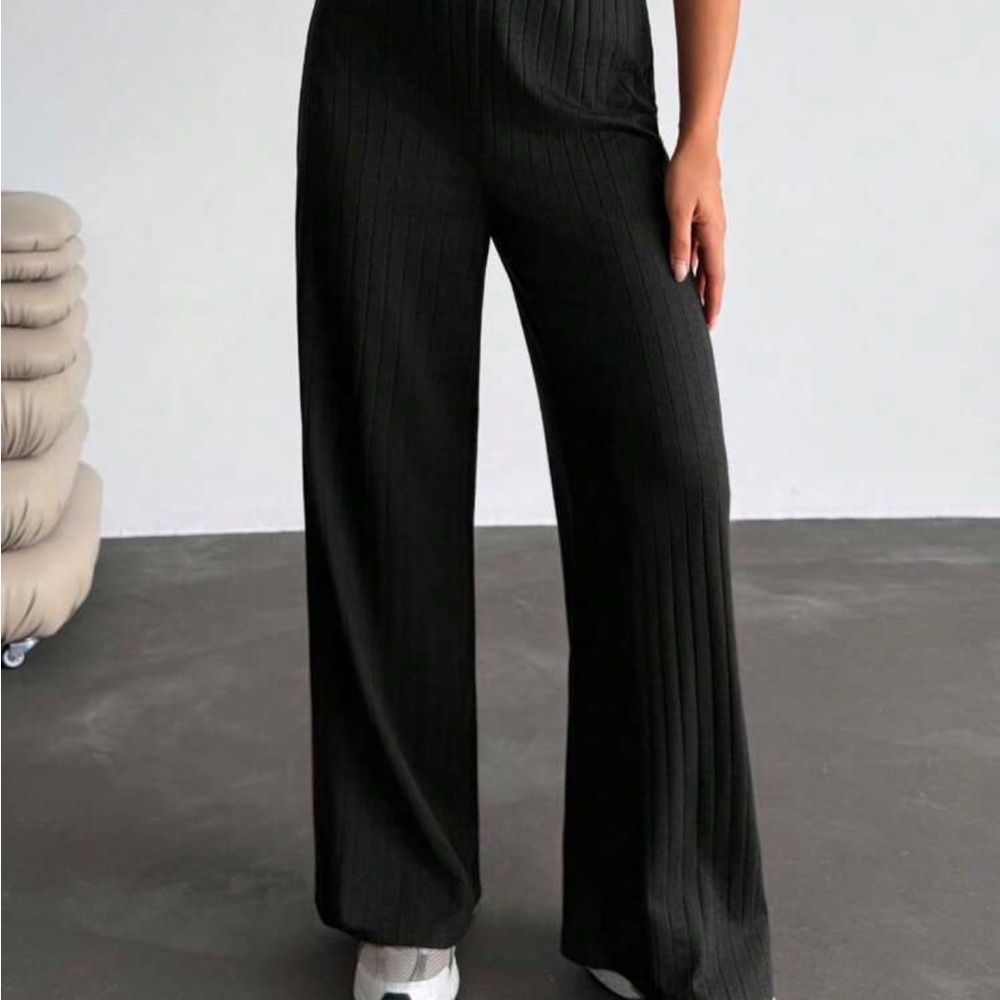 Black Rib Knit Wide-Leg Pants